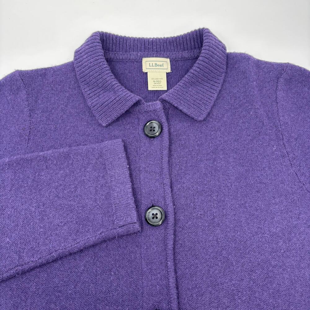 L.L. Bean Women Medium Purple 100% Lambswool Button Up Cardigan Collared Sweater